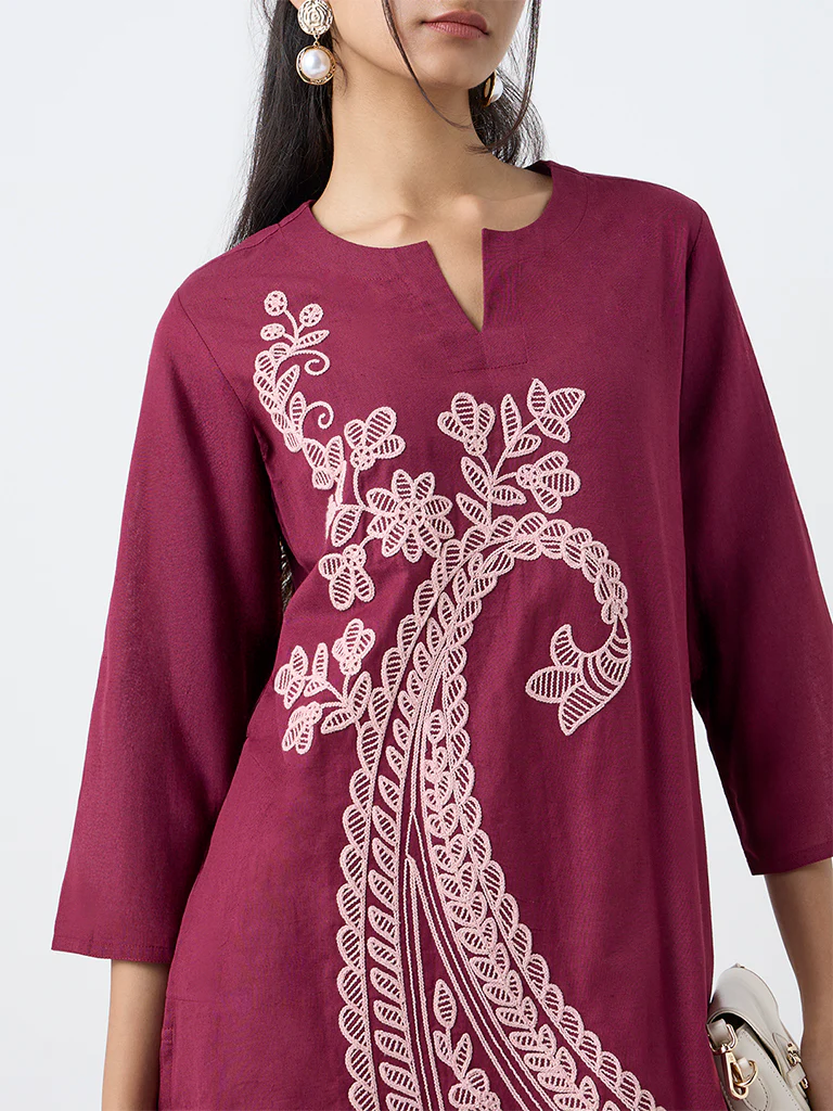 Utsa Plum Paisley Embroidered Cotton-Blend A-Line Kurta - Image 3