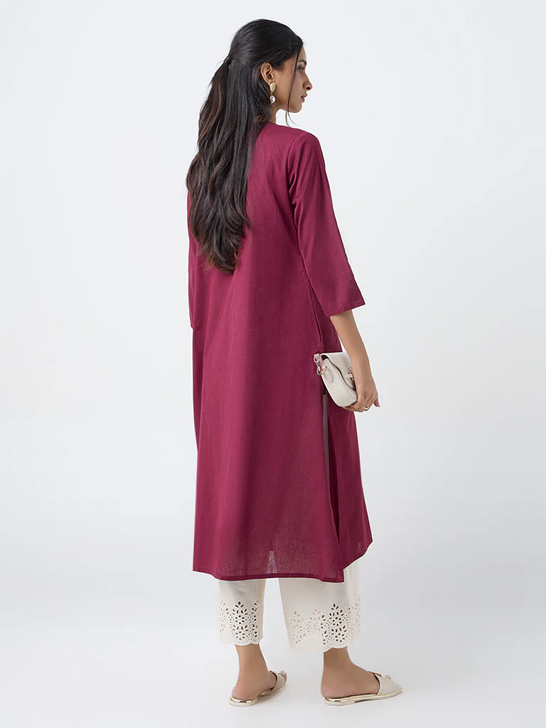Utsa Plum Paisley Embroidered Cotton-Blend A-Line Kurta - Image 4