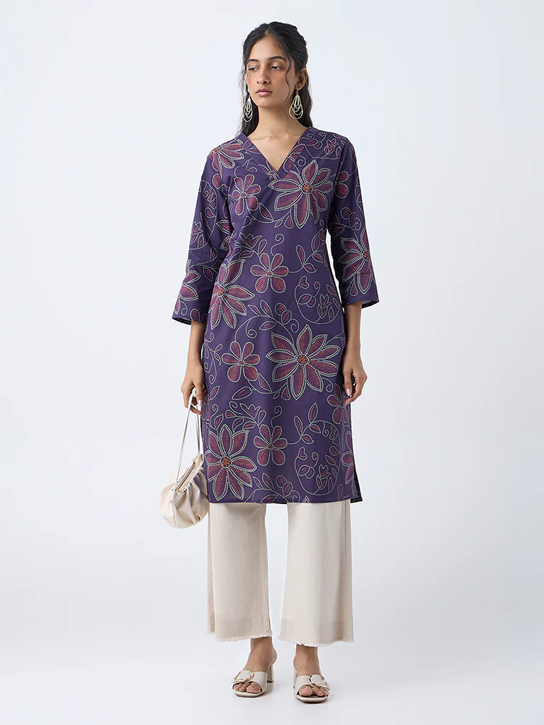 Utsa Purple Bandhani Print Straight Cotton Kurta - Image 2