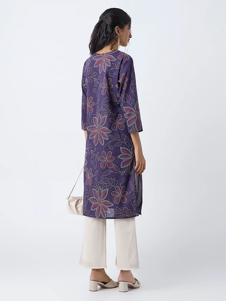 Utsa Purple Bandhani Print Straight Cotton Kurta - Image 4