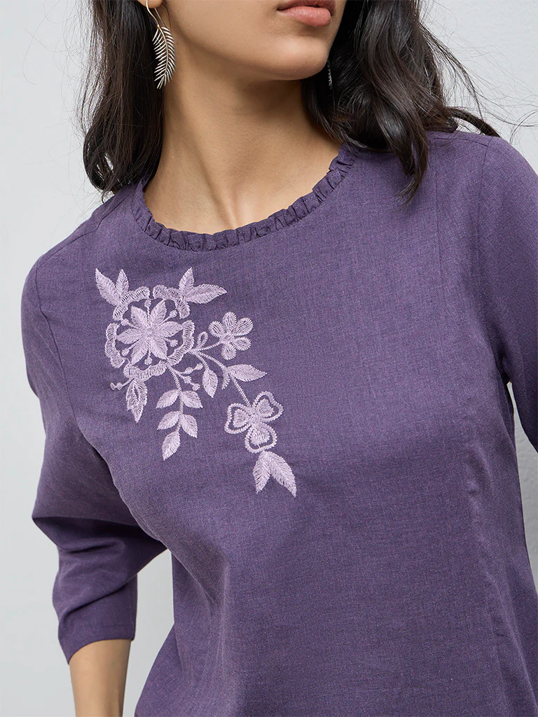 Utsa Purple Floral Embroidered A-Line Cotton Kurta - Image 3