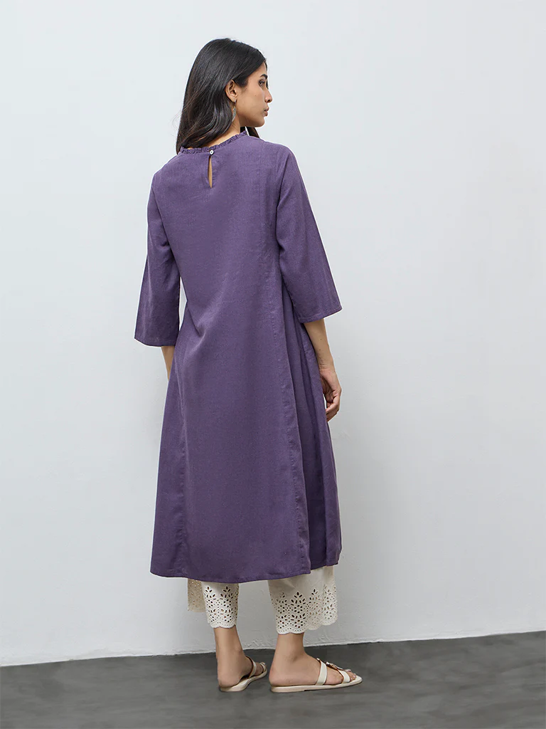 Utsa Purple Floral Embroidered A-Line Cotton Kurta - Image 4