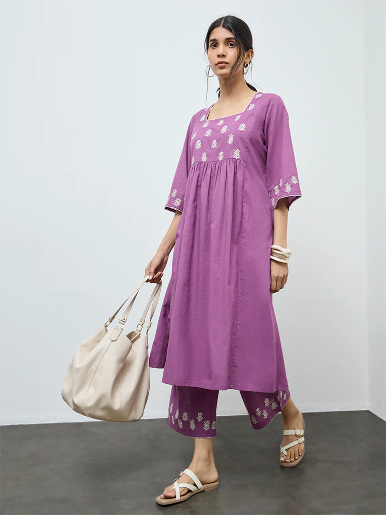 Utsa Purple Floral Embroidered Cotton A-Line Kurta - Image 2