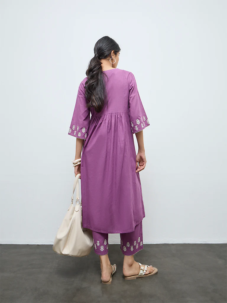Utsa Purple Floral Embroidered Cotton A-Line Kurta - Image 4