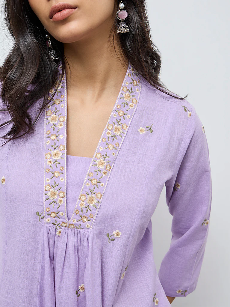 Utsa Purple Floral Embroidered Cotton A-Line Kurta - Image 3