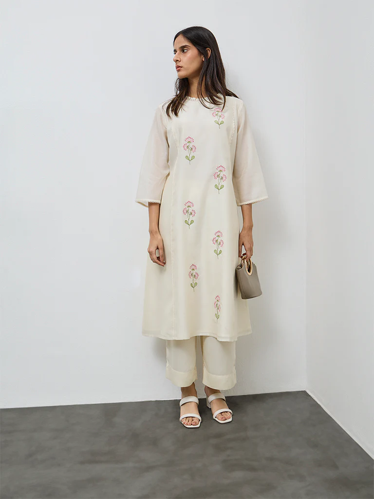 Utsa Purple Floral Embroidered Cotton A-Line Kurta