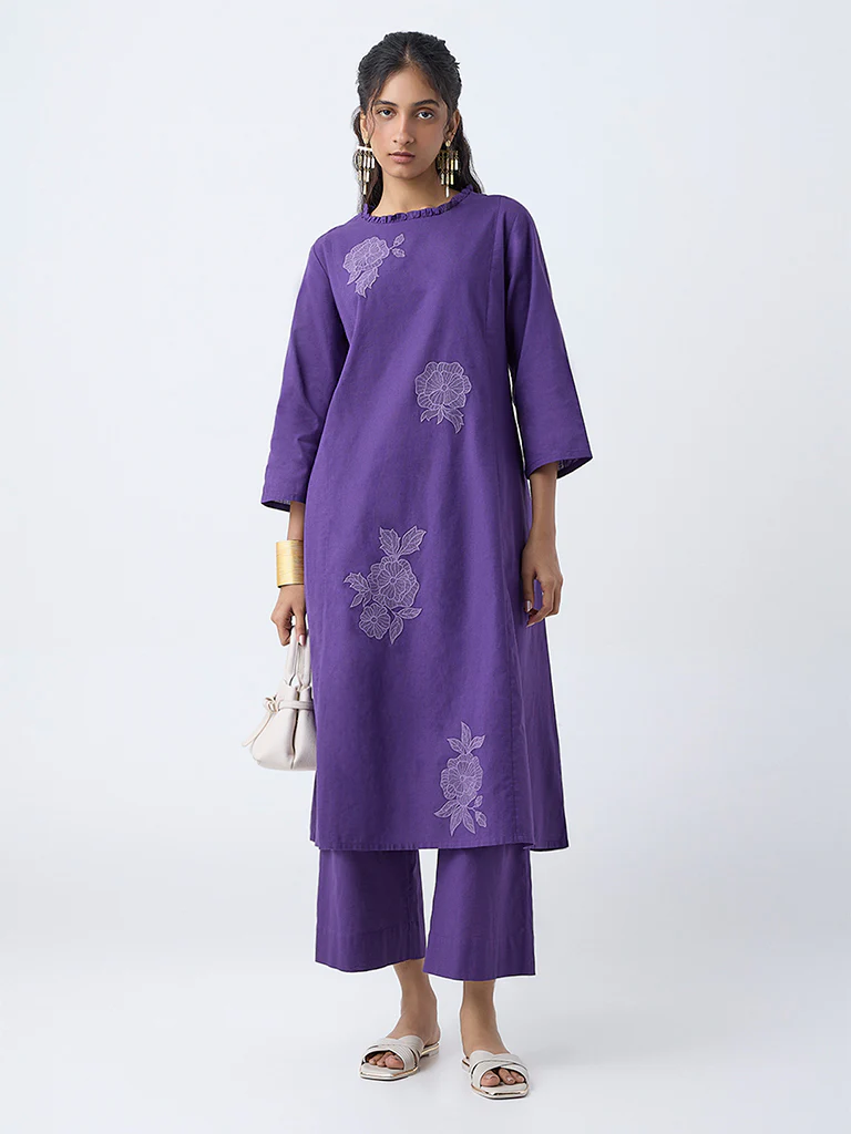 Utsa Purple Floral Embroidered Cotton-Blend A-Line Kurta