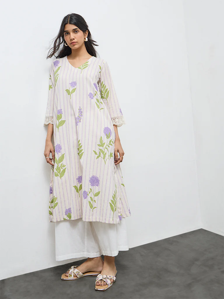 Utsa Purple Floral Printed A-Line Cotton Kurta - Image 2