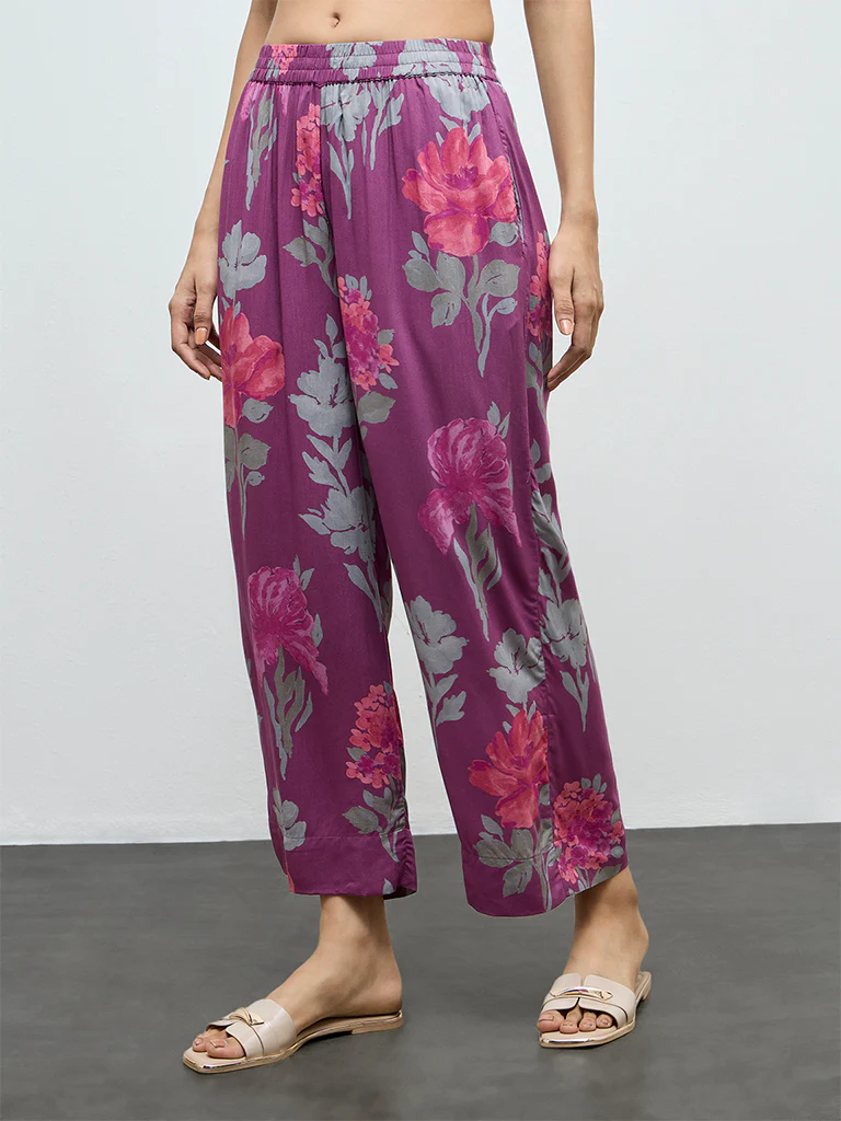 Utsa Purple Floral Printed Pants