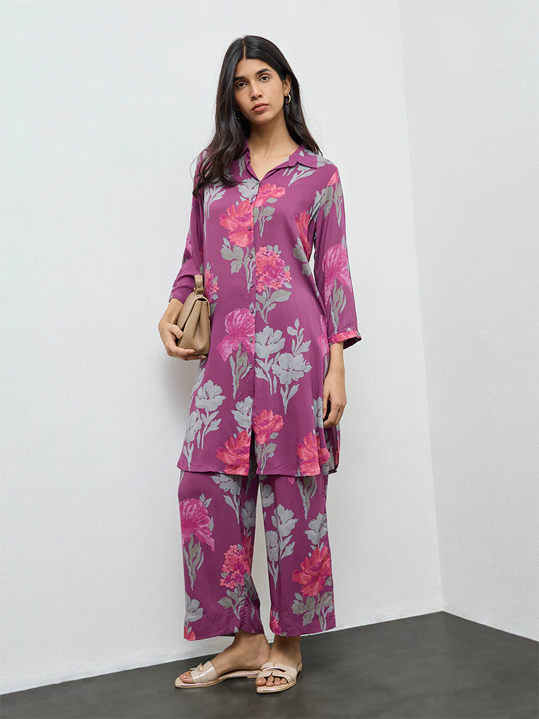 Utsa Purple Floral Printed Pants - Image 2