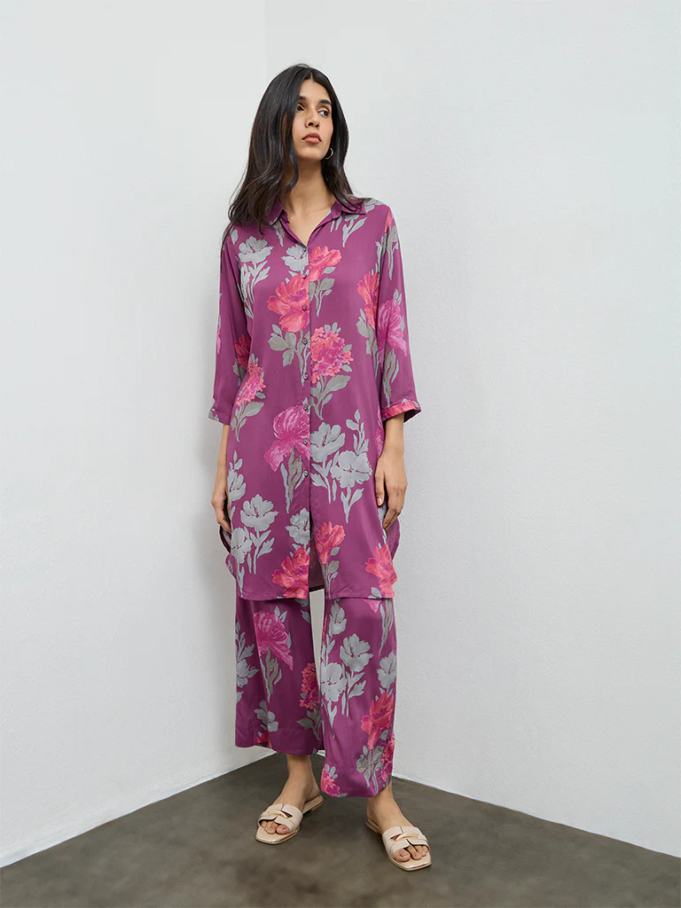 Utsa Purple Floral Straight Kurta