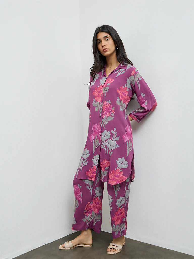 Utsa Purple Floral Straight Kurta - Image 2