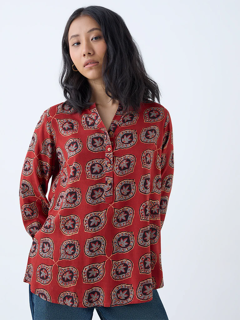 Utsa Red Botanical Printed Tunic - Image 2