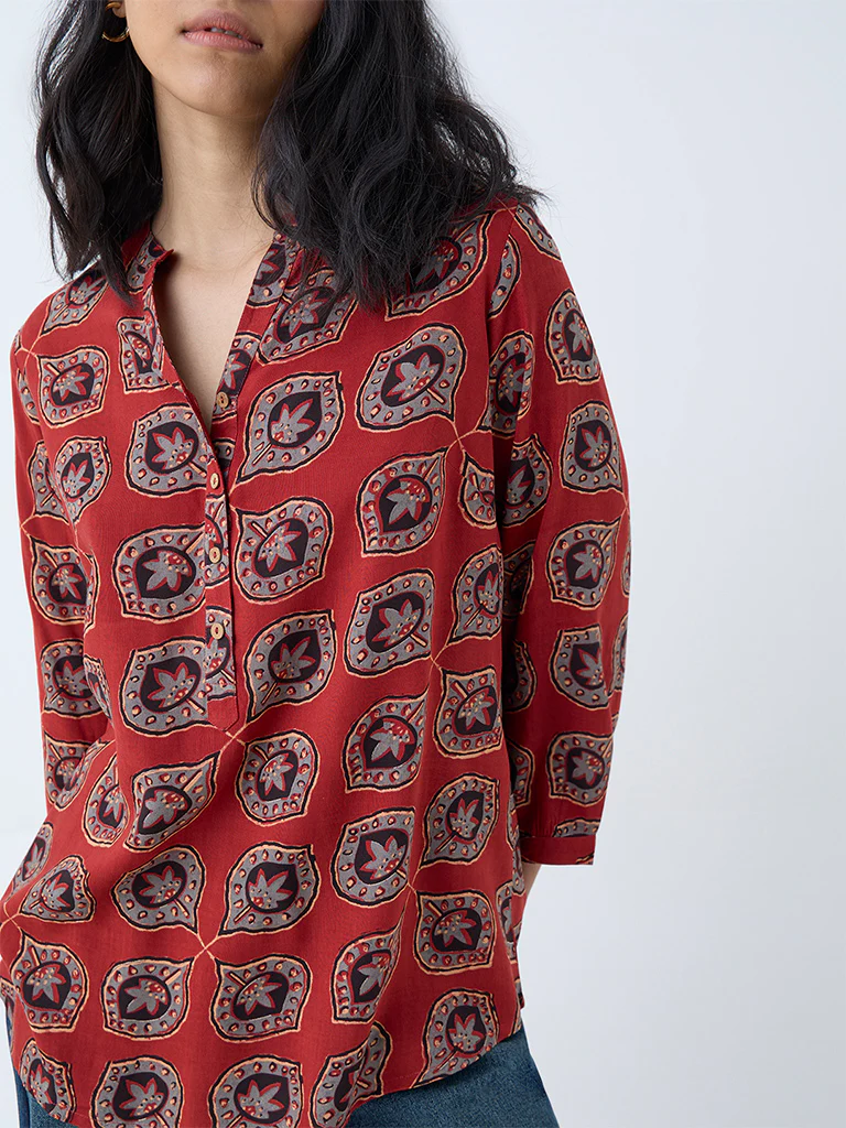 Utsa Red Botanical Printed Tunic - Image 3