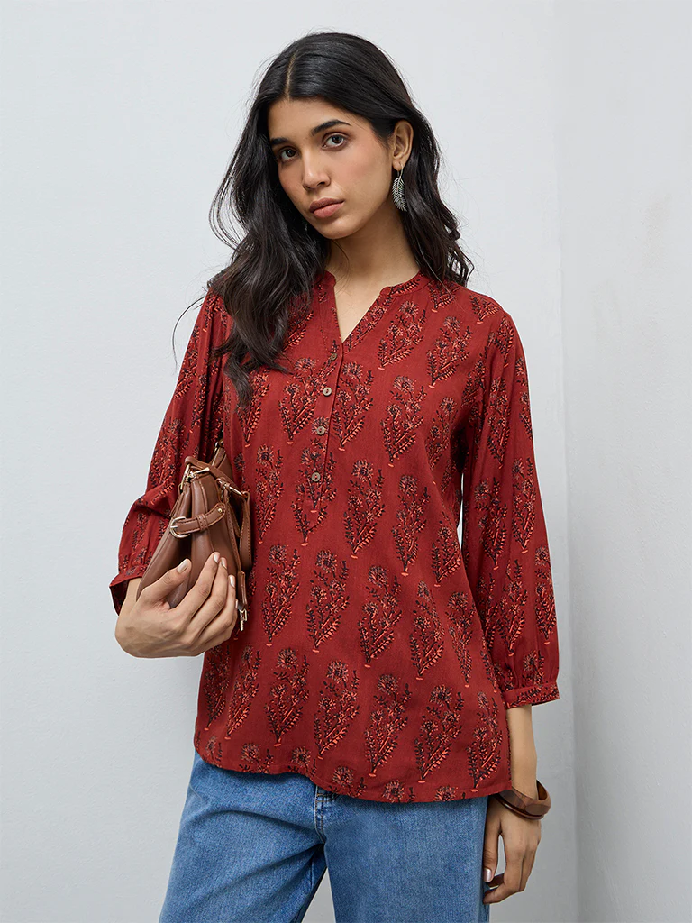 Utsa Red Botanical Printed Tunic - Image 2