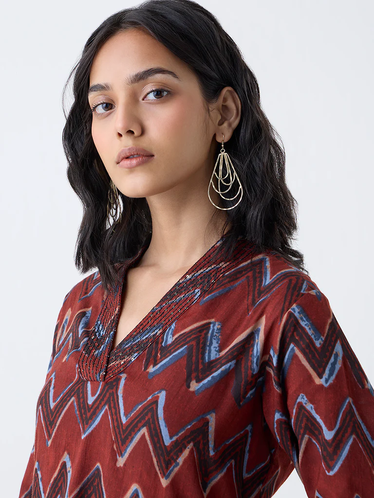 Utsa Red Chevron Pattern A-Line Kurta - Image 3