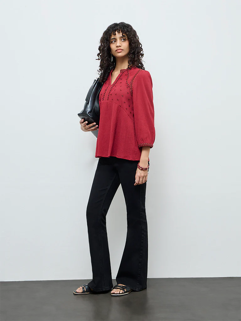 Utsa Red Crinkle Textured Embroidered Cotton Tunic