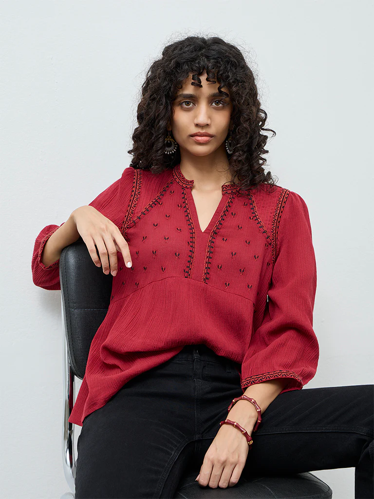 Utsa Red Crinkle Textured Embroidered Cotton Tunic - Image 2