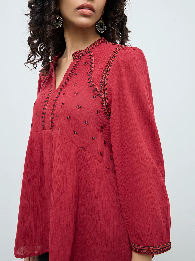 Utsa Red Crinkle Textured Embroidered Cotton Tunic - Image 3