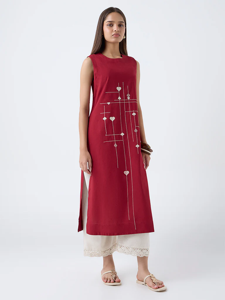 Utsa Red Embroidered Cotton-Blend Straight Kurta