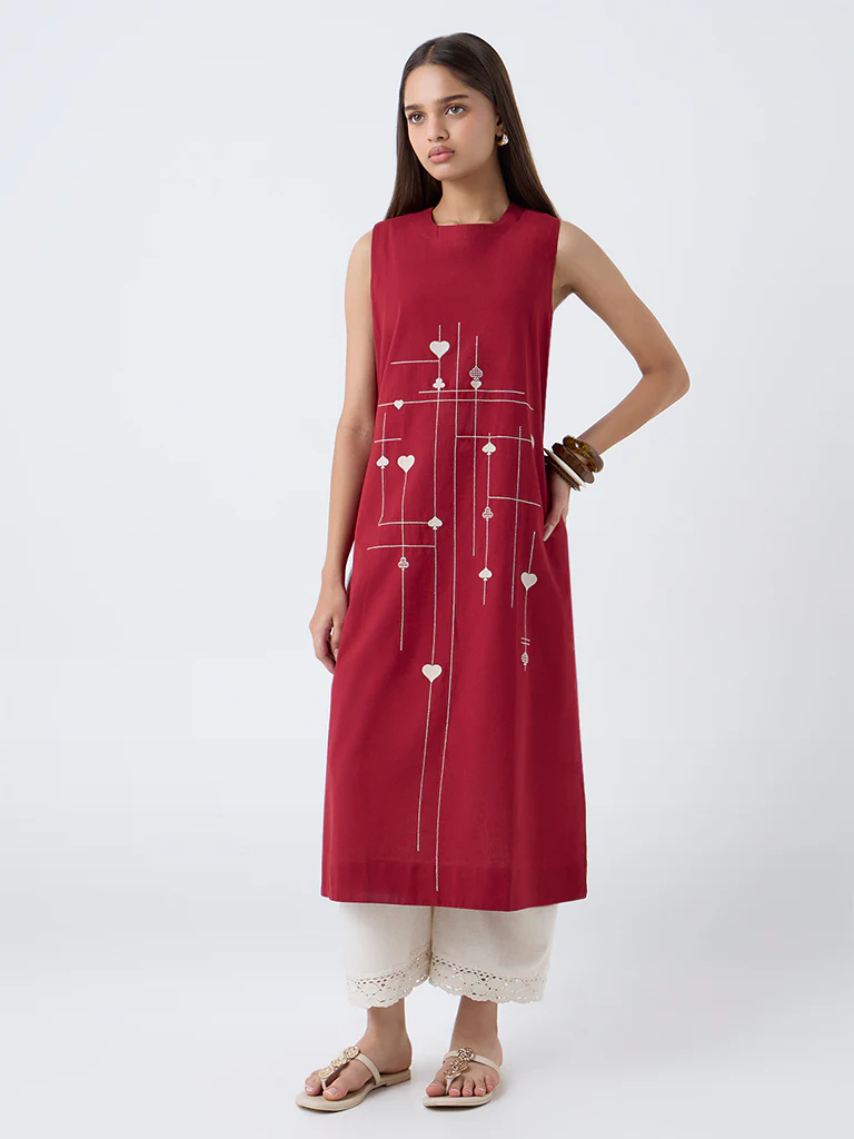 Utsa Red Embroidered Cotton-Blend Straight Kurta - Image 2