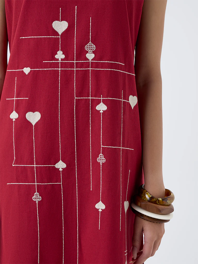 Utsa Red Embroidered Cotton-Blend Straight Kurta - Image 3