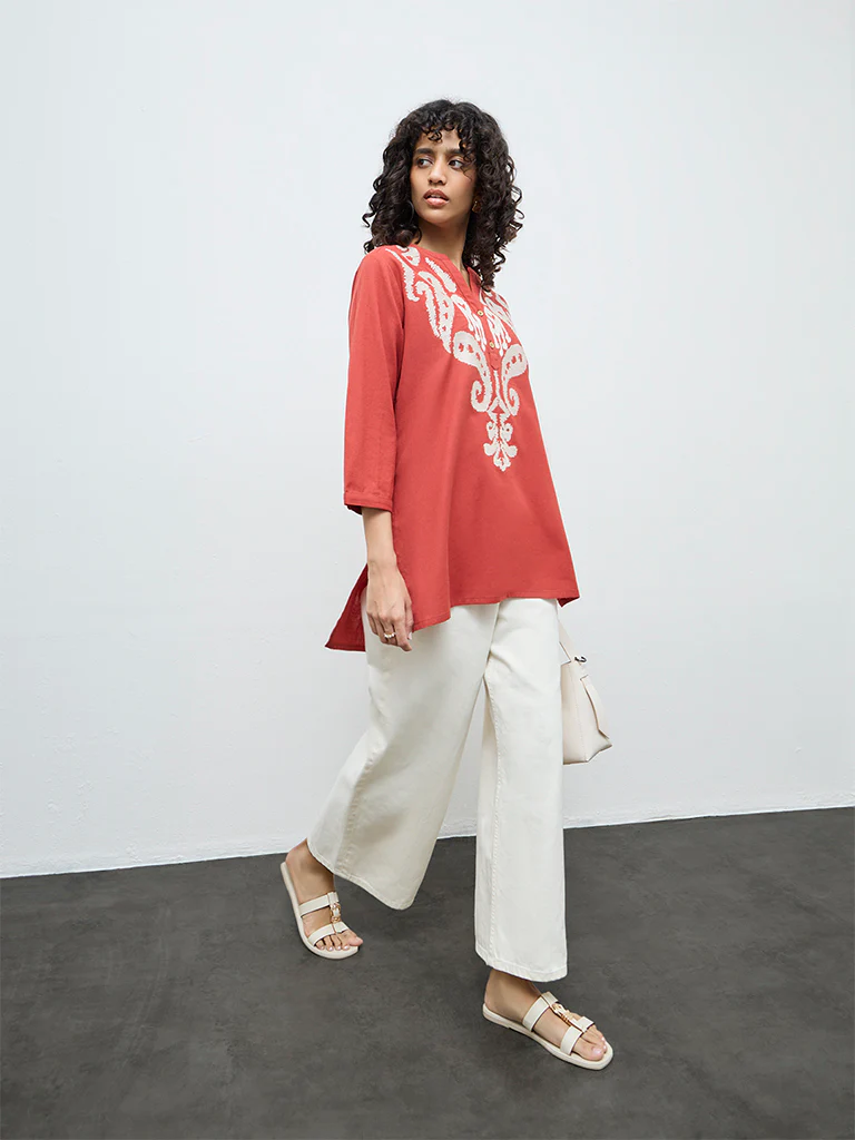 Utsa Red Embroidered Cotton-Blend Tunic - Image 2