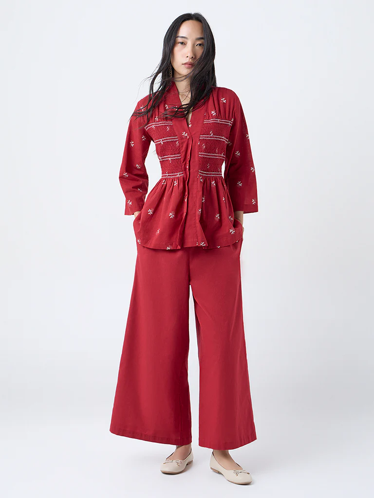 Utsa Red Embroidered Smocked Cotton Tunic - Image 2