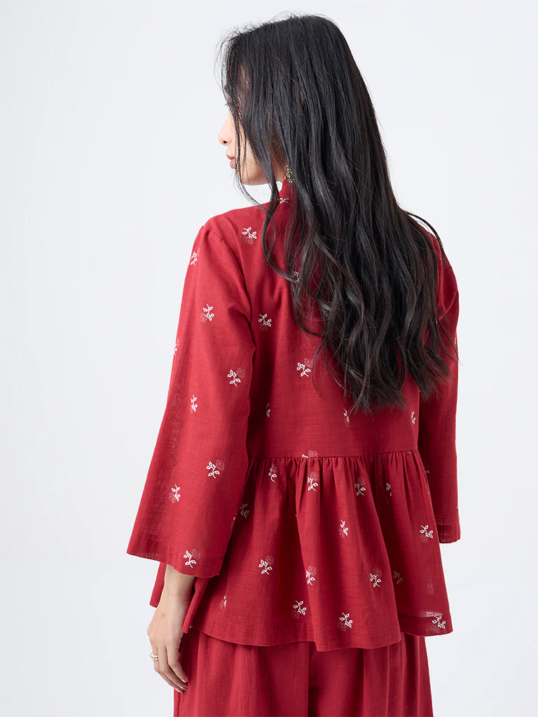 Utsa Red Embroidered Smocked Cotton Tunic - Image 4