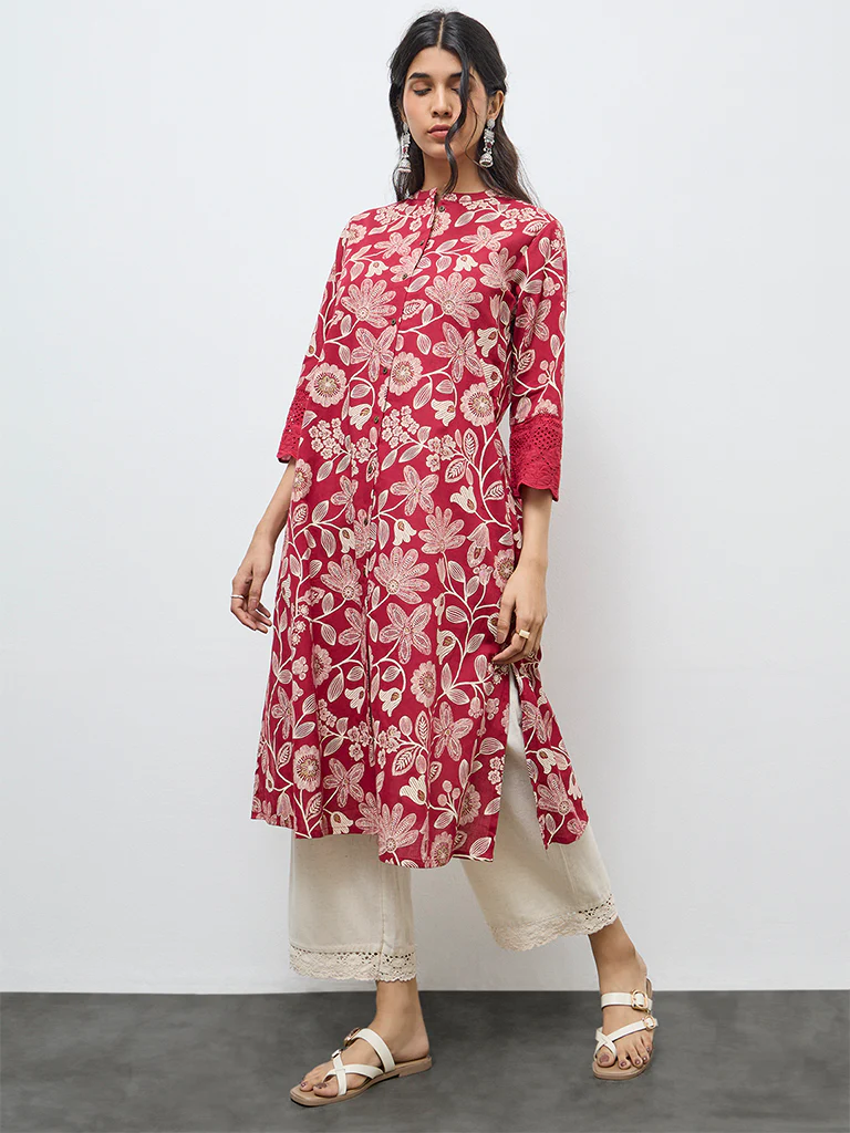 Utsa Red Floral Cotton-Blend A-Line Kurta - Image 2
