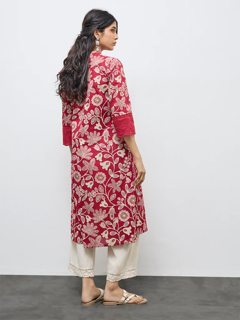 Utsa Red Floral Cotton-Blend A-Line Kurta - Image 4