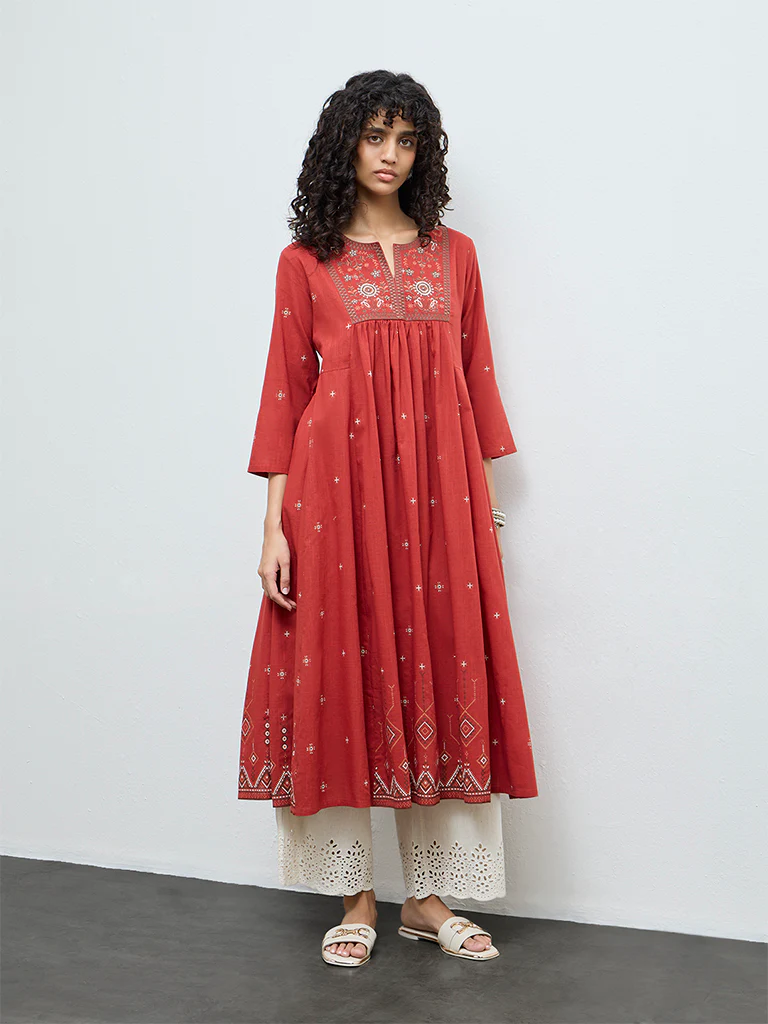 Utsa Red Floral Embroidered Cotton Anarkali Kurta
