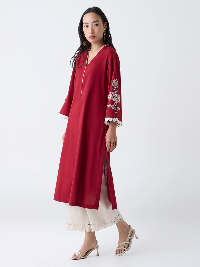 Utsa Red Floral Embroidered Cotton-Blend A-Line Kurta - Image 2