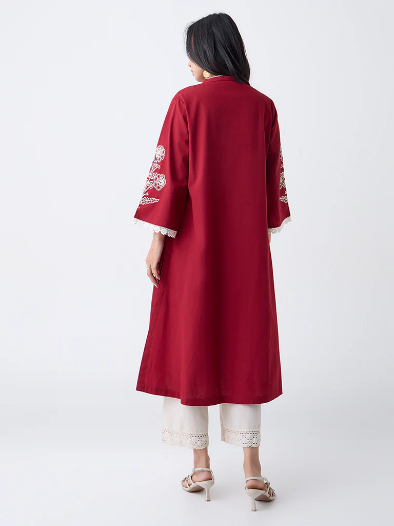 Utsa Red Floral Embroidered Cotton-Blend A-Line Kurta - Image 4