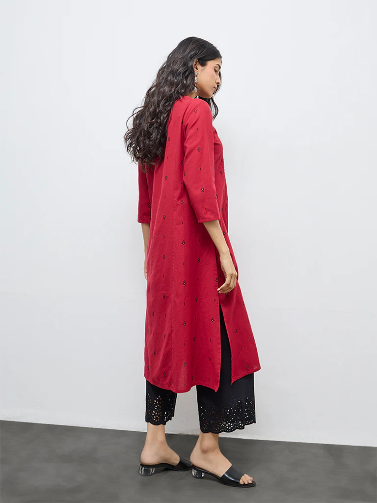 Utsa Red Floral Embroidered Cotton-Blend A-Line Kurta - Image 4