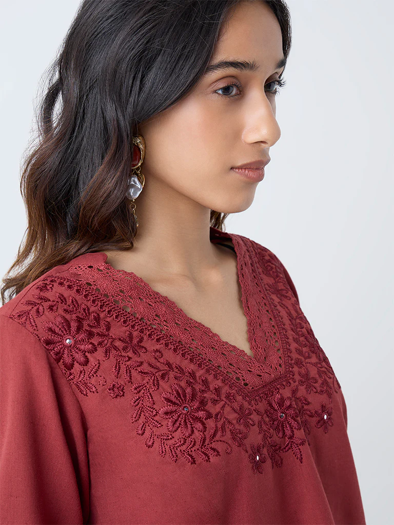 Utsa Red Floral Embroidered Cotton-Blend Top - Image 3