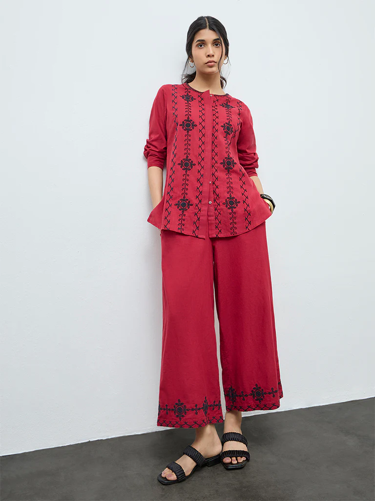 Utsa Red Floral Embroidered Cotton Pants - Image 2