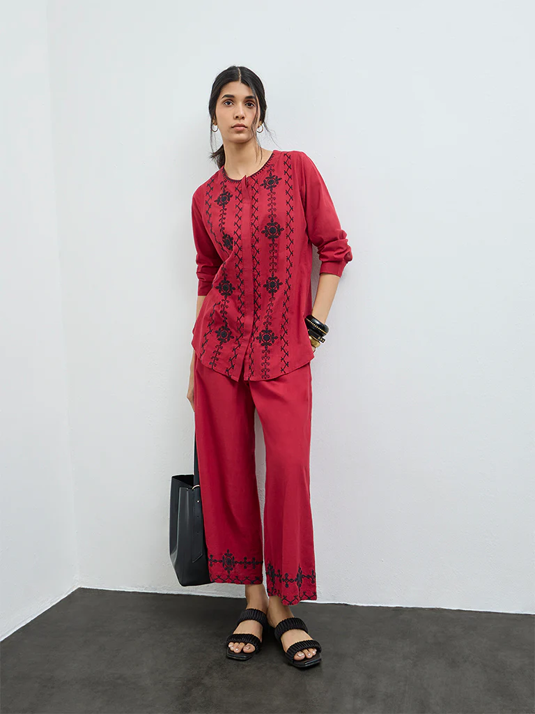 Utsa Red Floral Embroidered Cotton Tunic - Image 2