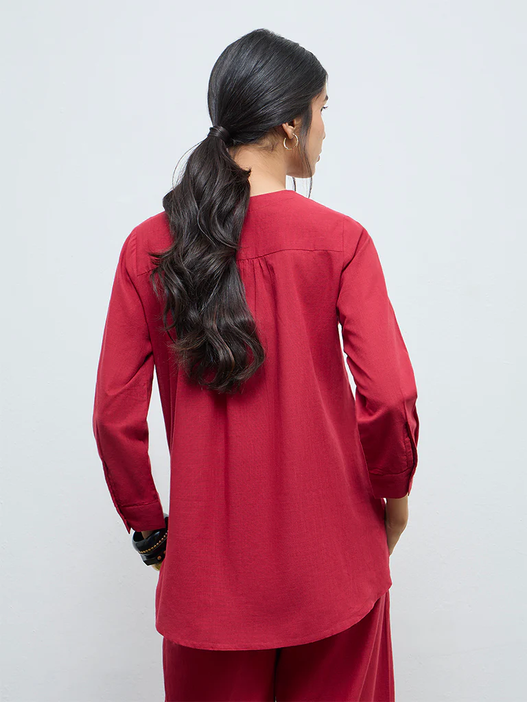 Utsa Red Floral Embroidered Cotton Tunic - Image 4