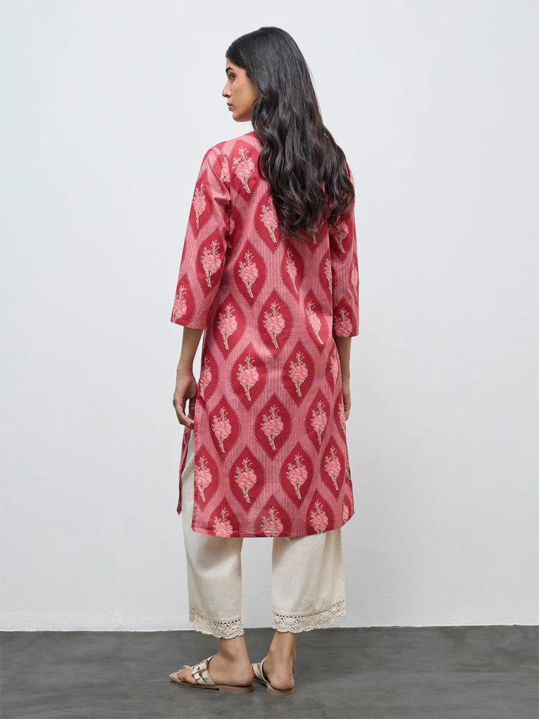 Utsa Red Floral Printed Cotton Straight Kurta - Image 4