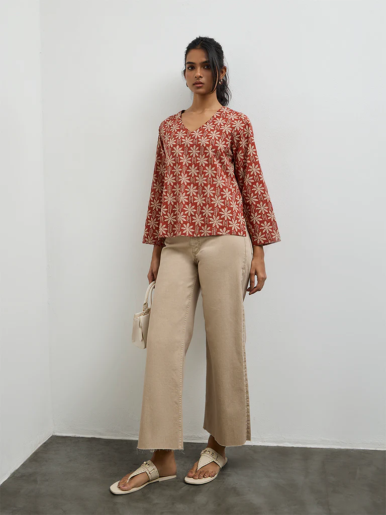 Utsa Red Floral Printed Cotton Top - Image 2