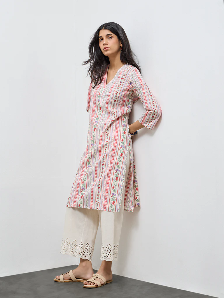 Utsa Red Floral Straight Cotton Kurta - Image 3