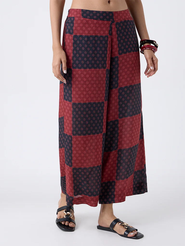 Utsa Red Grid Printed Palazzos