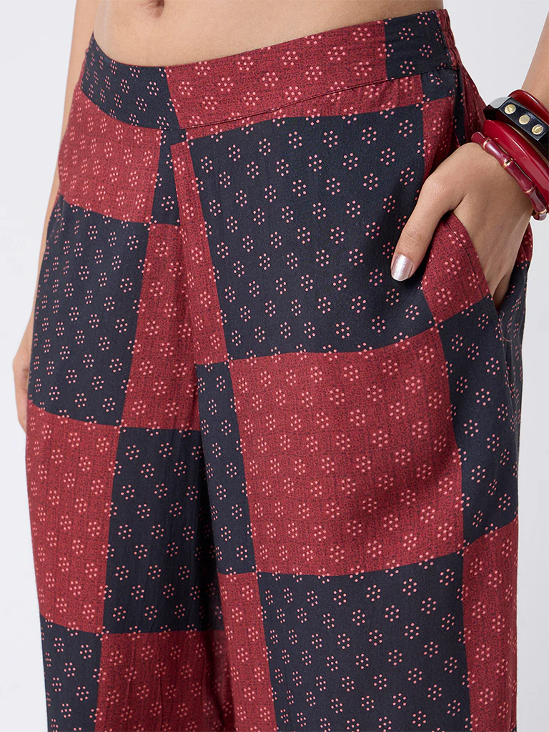 Utsa Red Grid Printed Palazzos - Image 3