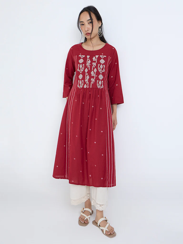 Utsa Red Jamdani Embroidered Cotton-Blend A-Line Kurta