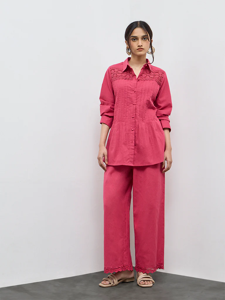 Utsa Red Lace Detailed Cotton Tunic