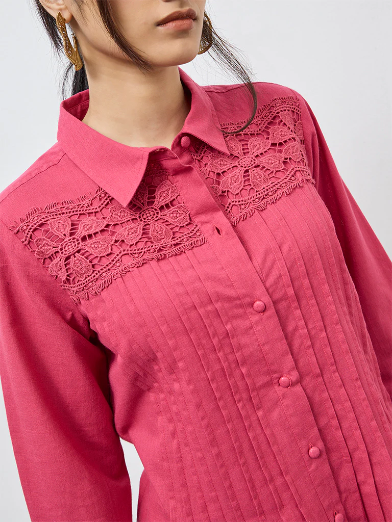Utsa Red Lace Detailed Cotton Tunic - Image 3