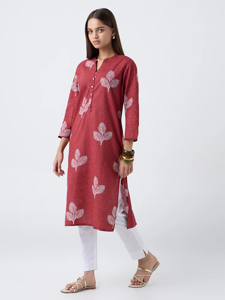 Utsa Red Leaf Pattern Cotton Straight Kurta - Image 2