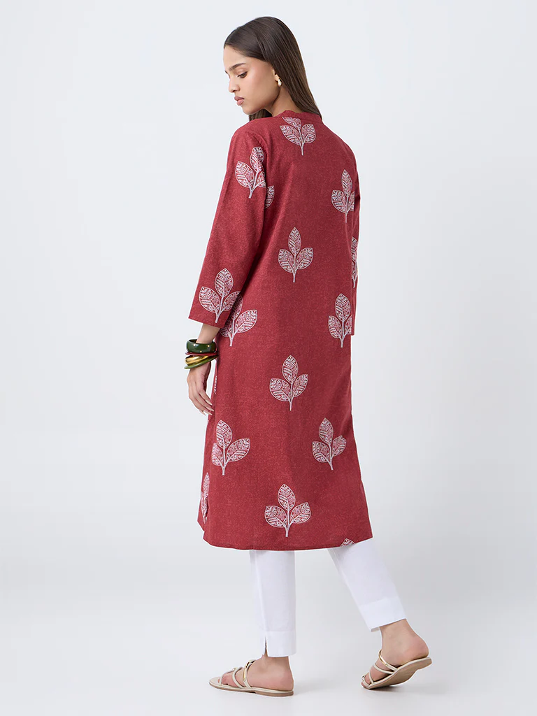 Utsa Red Leaf Pattern Cotton Straight Kurta - Image 4