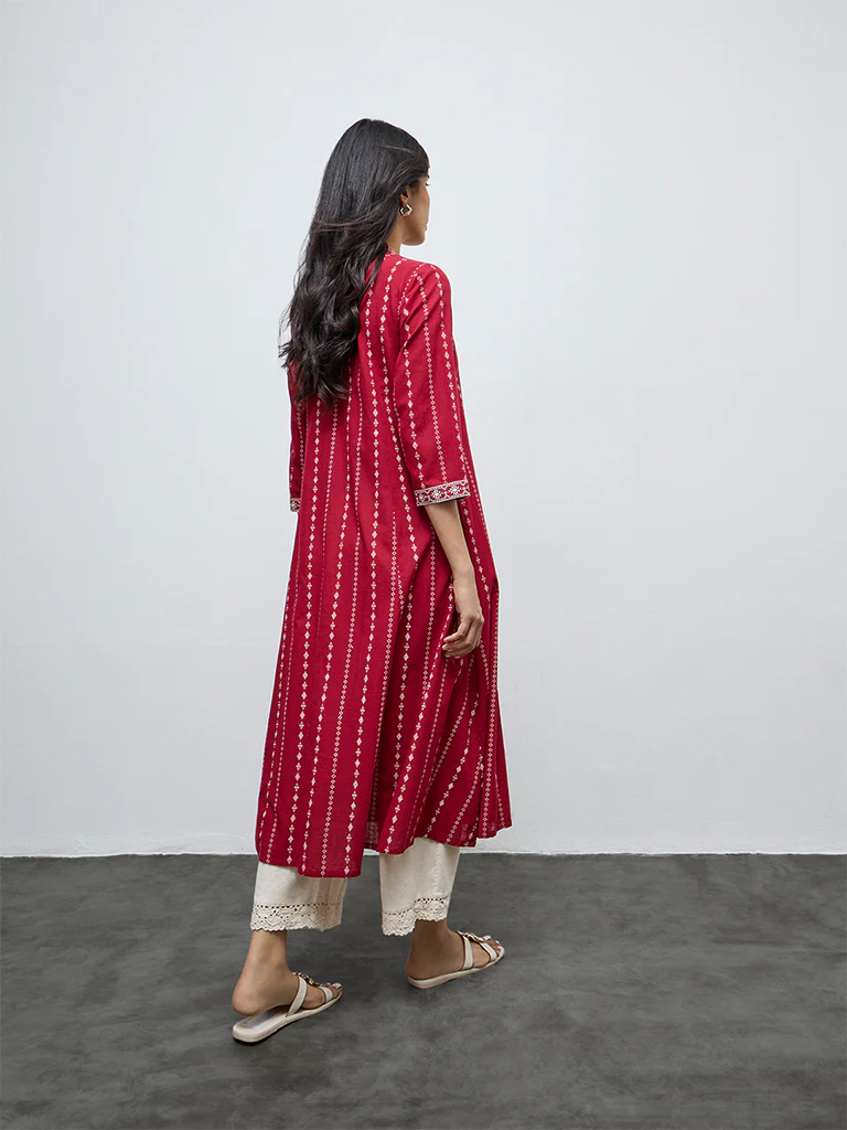 Utsa Red Printed A-Line Cotton Kurta - Image 4